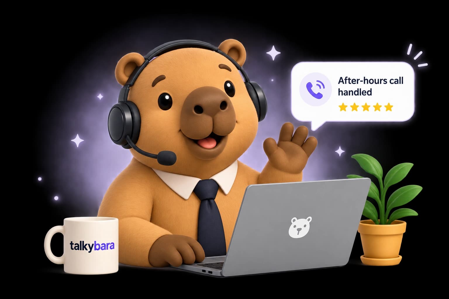 Talkybara receptionist waving behind a laptop